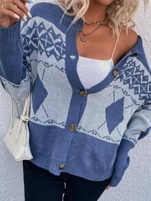 SHEIN LUNE Geo Pattern Drop Shoulder Cardigan - Blue - View 3