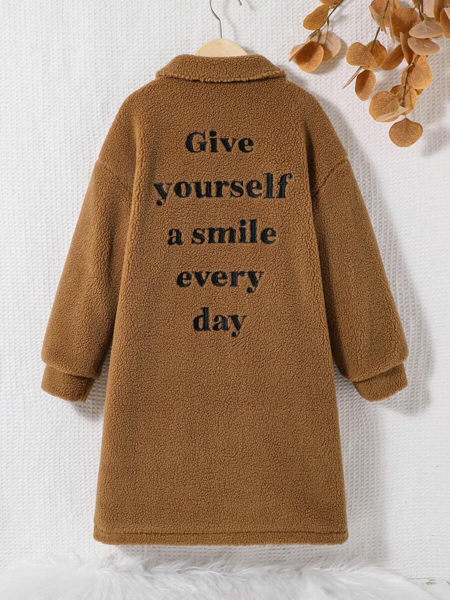 Tween Girl Slogan Embroidery Drop Shoulder Teddy Coat - Brown - View 1