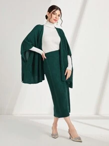 Seusyu 蝙蝠袖开衫 & 针织裙两件套 - 墨綠色 - 查看 4