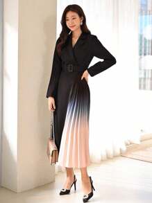 Modelyn Colourblock Lapel Collar Pleated Hem Belted Dress - Black - View 1