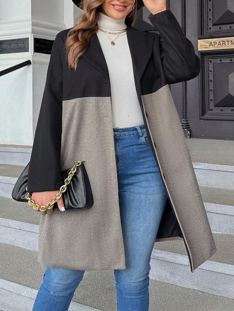 Plus Herringbone Print Colorblock Overcoat