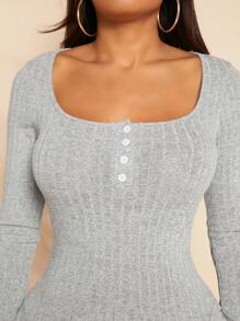 SHEIN SXY Scoop Cổ Đồ đan Ribbed Xù Hoa Sen Đầm - Xám - Xem 4