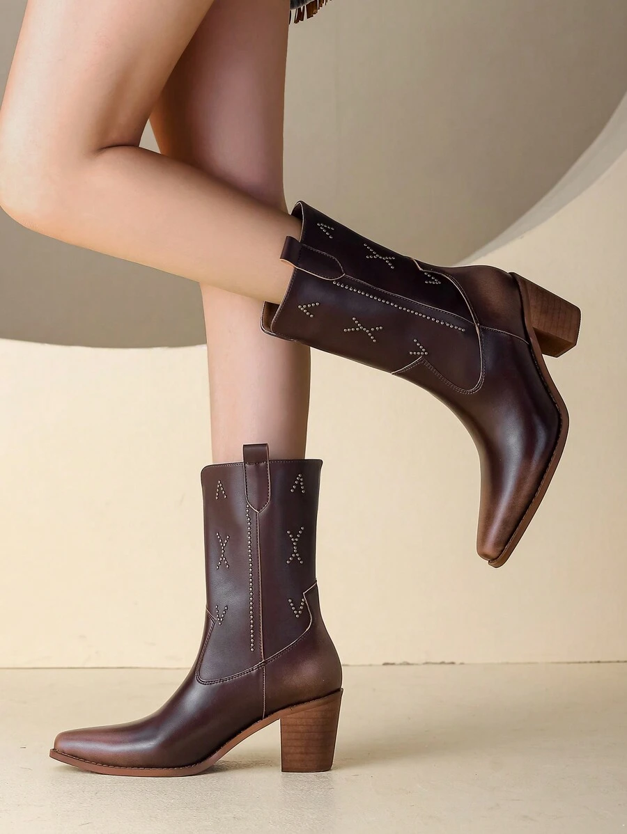 女性小腿中部復古鉚釘西部牛仔靴帶粗跟 - 棕色 - 查看 1