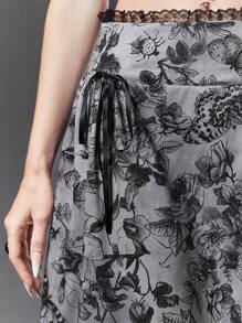 ROMWE Goth Floral Print Tie Side Ruffle Hem Skirt - Multicolor - View 5