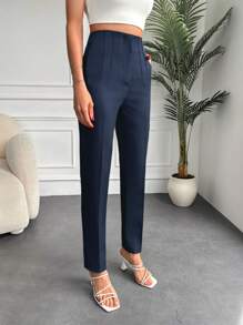 EURMUSE Seam Detail Slant Pocket Suit Pants - Navy Blue - View 3