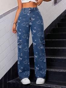 SHEIN ICON Loại bướm Dệt hoa Thiết kế Túi Denim Quần jean - Rửa tối - Xem 1