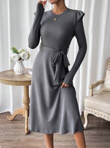SHEIN Essnce Solid Belted A-line Dress - Dark Grey - View 1
