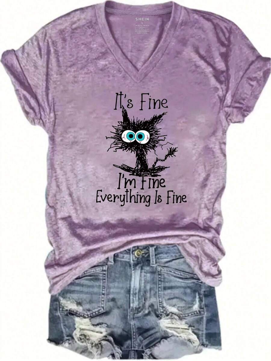 INAWLY Áo thun tay ngắn in khẩu hiệu và hoạt hình dành cho nữ It's Fine I'm Fine Everything Is Fine Áo thun họa tiết dành cho nữ - Màu Lilac Tím - Xem 1