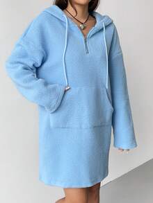 SHEIN EZwear Solid Zipper Front Drop Shoulder Hooded Dress - Blue - View 3