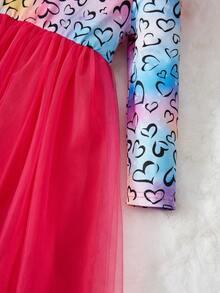 SHEIN 女小童愛心圖案荷葉邊網紗邊洋裝 - 彩色 - 查看 5