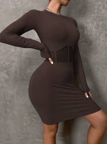 Allurite Solid Mesh Insert Ribbed Knit Bodycon Dress - Coffee Brown - View 6