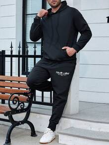 Manfinity EMRG Hombres talla grande Pantalones deportivos con capucha con estampado de slogan con cordón - Negro - Ver 2