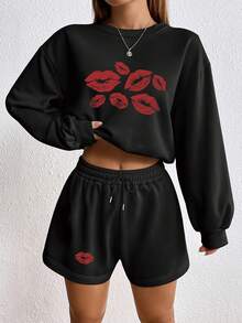 SHEIN EZwear con estampado de labio de hombros caídos Sudadera & de cintura con cordón Shorts - Negro - Ver 1