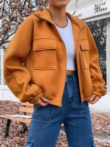 SHEIN Unity 翻蓋口袋拉鏈開襟連帽夾克 - 棕色 - 查看 4