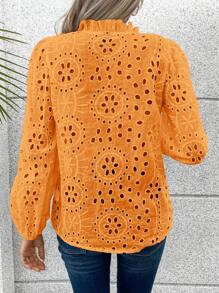 SHEIN Clasi Eyelet Embroidery Frill Trim Lantern Sleeve Notched Neckline Blouse