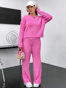 Flirla Plus Drop Shoulder Sweater & Knit Pants - Hot Pink - View 5