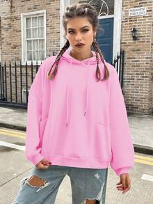 SHEIN EZwear Dual Pocket Drop Shoulder Drawstring Thermal Lined Hoodie - Pink - View 3