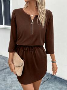 SHEIN LUNE Một nửa khóa kéo Thả vai Eo dây rút Đầm - màu nâu - Xem 5