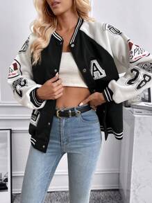 SHEIN Letter Graphic Patched Detail Striped Trim Drop Shoulder Varsity Jacket,Ladies Spring/Fall Casual Button,Patched Drop Shoulder Baseball Collar Regular Fit Multicolor Colorblock,Letter Women Jackets,Casual Daily Wear - Multicolor - View 4