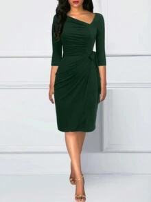 Cổ không đối xứng Nút ven Váy Wrap Hem - Màu xanh lá cây đậm - Xem 3