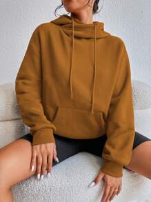SHEIN Unity Kangaroo Pocket Drop Shoulder Drawstring Hoodie - Brown - View 6