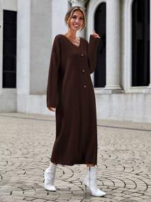EURMUSE Drop Shoulder Button Detail Split Hem Sweater Dress - Brown - View 5