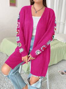 Flirla Plus Floral Embroidery Drop Shoulder Duster Cardigan - Hot Pink - View 1