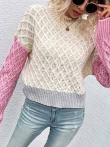 SHEIN Frenchy 撞色落肩袖套頭毛衣 - 杏色 - 查看 5