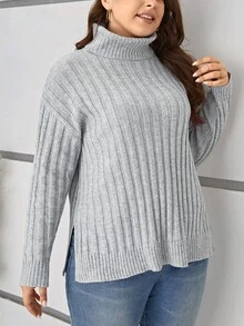 SHEIN LUNE Hơn Áo cao cổ Thả vai Viền chia cắt Áo len - Xám - Xem 6