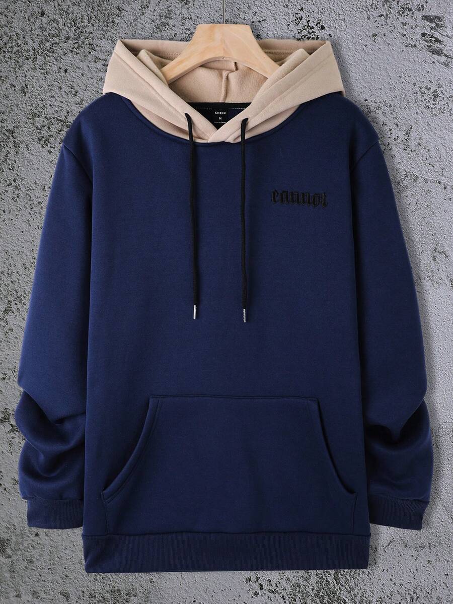 Manfinity Homme Men Letter Embroidery Colorblock Kangaroo Pocket Drawstring Hoodie - Royal Blue - View 1
