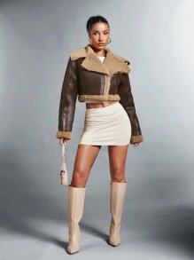 SHEIN x Carly Lawrence SHEIN BAE 卡其色蓬松夹克，适合女士在圣诞节约会或新年前夜派对上穿着，女士冬季休闲拉链常规袖常规版型咖啡棕色纯色女士夹克，冬季保暖/冬季时尚 - 咖啡棕 - 查看 1