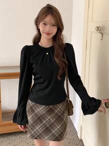 Dazy Star Solid Flare Sleeve Tee - Black - View 1