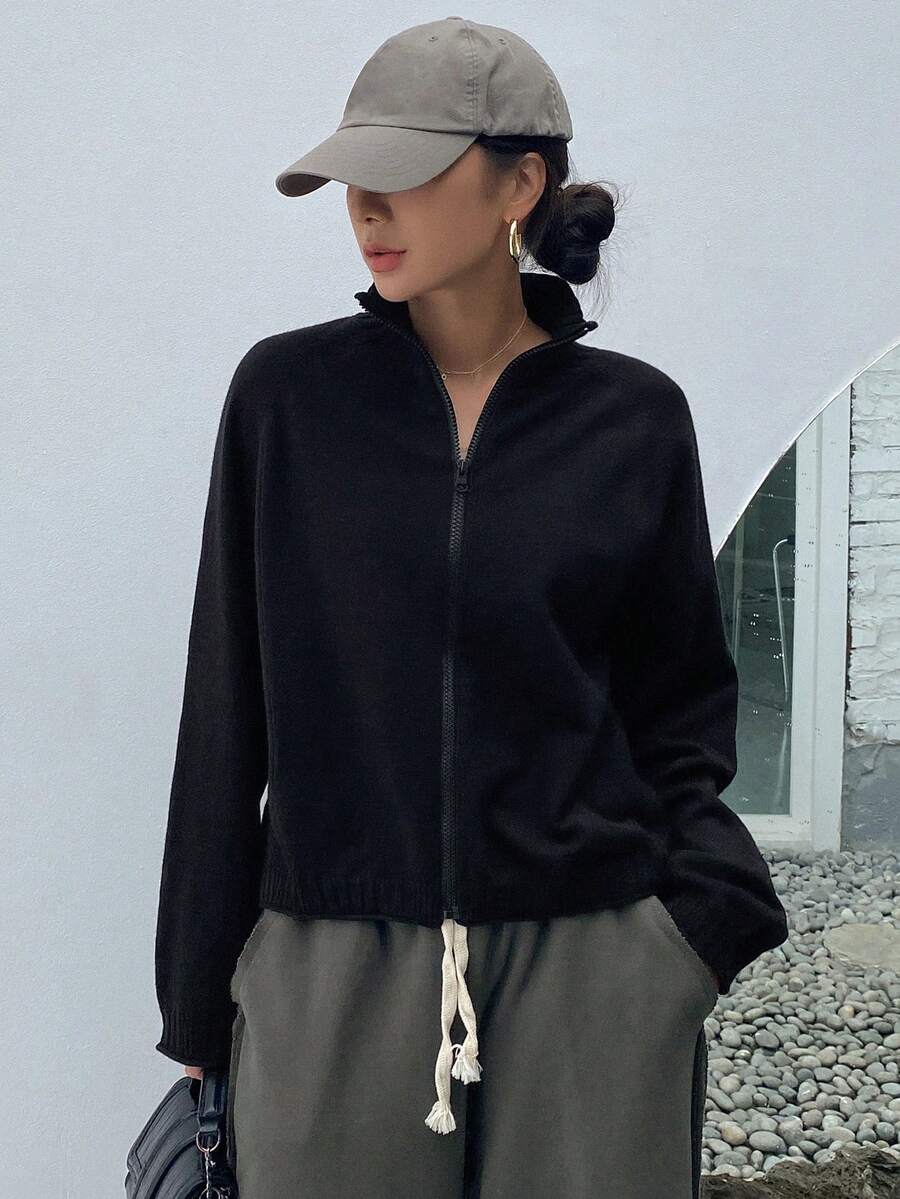 Dazy Star Mẫu chữ Tay Raglan Áo len Mở - màu đen - Xem 1
