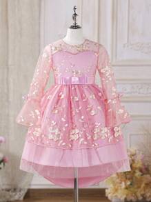 SHEIN Chica preadolescente Vestido de fiesta con bordado floral con lazo delantero de manga con volante con malla - Rosa - Ver 1