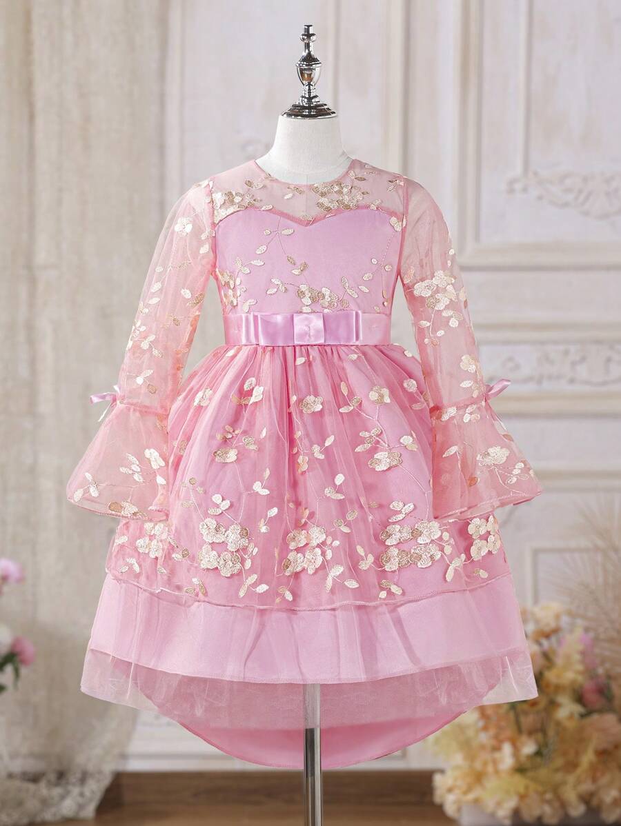 SHEIN Chica preadolescente Vestido de fiesta con bordado floral con lazo delantero de manga con volante con malla - Rosa - Ver 1