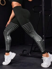 條紋印花寬腰帶運動打底褲 - 彩色 - 查看 5