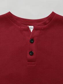 SHEIN Boys' Solid Color Half-Zip Polo Long Sleeve T-Shirt - Red - View 3