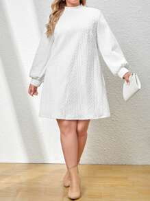 SHEIN Clasi 大碼小高領燈籠袖洋裝 - 白色 - 查看 3