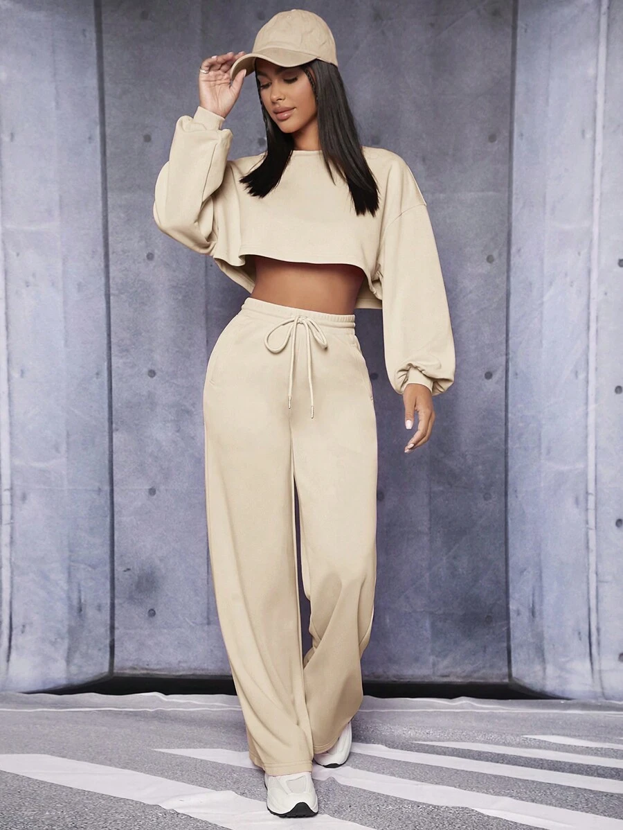 SHEIN PETITE Drop Shoulder Crop Pullover & Drawstring Waist Pants - Khaki - View 1