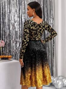 SHEIN Lady 燙金花朵印花漸變圖案A字洋裝 - 彩色 - 查看 2