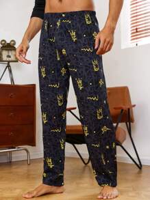 Men Crown & Letter Graphic Sleep Pants - Black - View 1