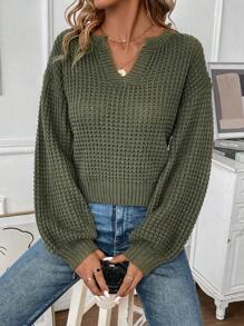 SHEIN LUNE Notched Neckline Drop Shoulder Knit Pullover Fall Winter Sweater - Green - View 5