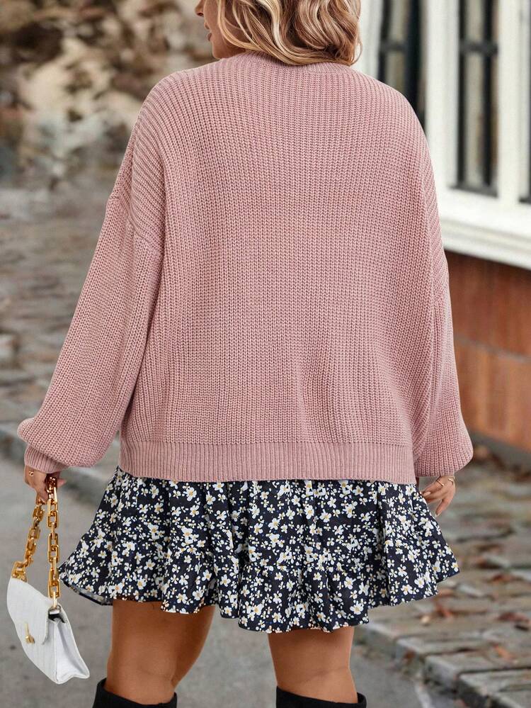 Plus Letter Pattern Drop Shoulder Sweater Knit Pullover Fall Winter Sweater