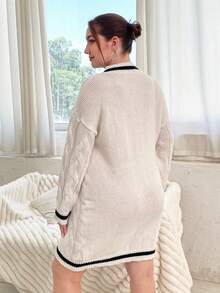 Flirla Hơn Sọc trang trí Thả vai Xoắn Dan Đầm Áo len - Đen và trắng - Xem 2