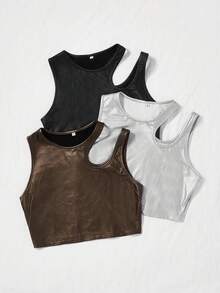 SHEIN EZwear 3pcs Solid Asymmetrical Neck Crop Tank Top - Multicolor - View 3