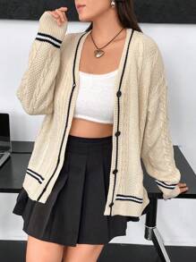 Flirla Plus Striped Trim Drop Shoulder Cable Knit Cardigan - Apricot - View 1