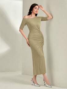 Modelyn Robe À Col Asymétrique À Ruché - Kaki - Voir 3