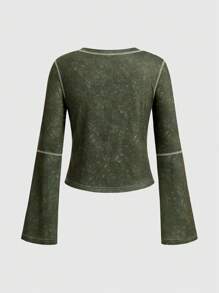 ROMWE Fairycore Floral Print Top-stitching Tee - Dark Green - View 2