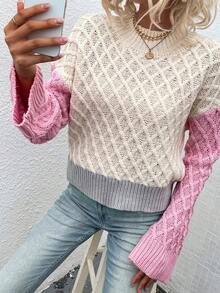 SHEIN Frenchy 撞色落肩袖套頭毛衣 - 杏色 - 查看 3