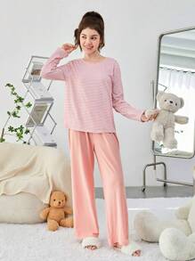 SHEIN Teen Girls' Striped Knit T-shirt And Solid Color Long Pants Homewear - Pink - View 3